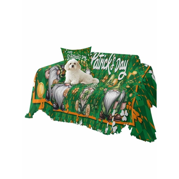 Happy St. Patrick's Day Couch Cover Watercolor Gnome Shamrocks Coin Green Plaid Sofa Slipcover with Tassel Washable Furniture Protector Living Room Soft Sofa Cover for Dog Cat Pets 71"x91"
