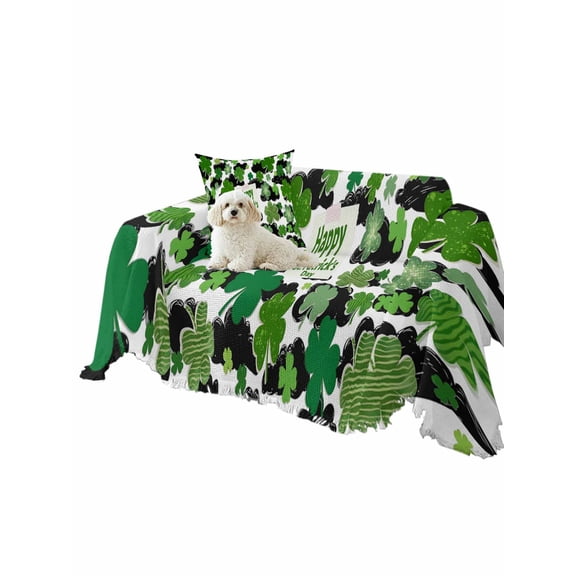 Happy St. Patrick's Day Couch Cover Watercolor Green Shamrocks Black Clouds Sofa Slipcover with Tassel Washable Furniture Protector Living Room Soft Sofa Cover for Dog Cat Pets 71"x102"