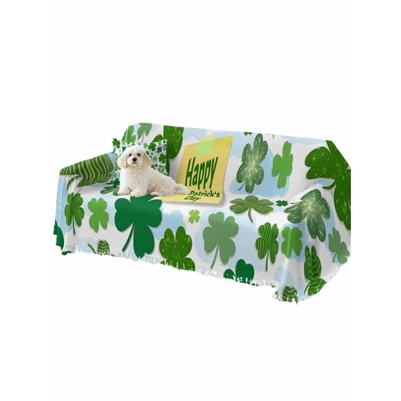 Happy St. Patrick's Day Couch Cover Watercolor Green Shamrocks Blue Clouds Sofa Slipcover with Tassel Washable Furniture Protector Living Room Soft Sofa Cover for Dog Cat Pets 71"x134"