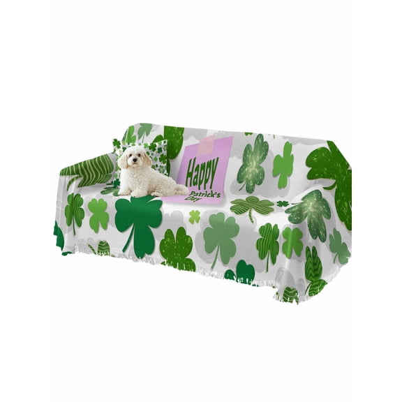 Happy St. Patrick's Day Couch Cover Watercolor Green Shamrocks Grey Clouds Sofa Slipcover with Tassel Washable Furniture Protector Living Room Soft Sofa Cover for Dog Cat Pets 71"x134"