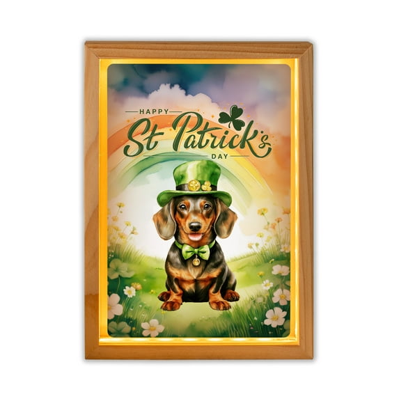 Happy St. Patrick’s Day Dachshund with Green Hat Shamrocks Rainbow Acrylic Plaque with Wood Photo Frame Box Wiener Dog Lover Gifts Idea Light Box - 03007