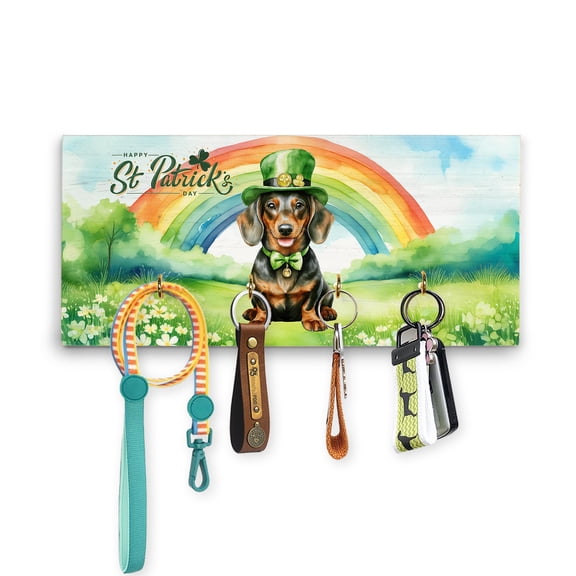 Happy St. Patrick’s Day Dachshund with Green Hat Shamrocks Rainbow Wood Key Holder Wiener Dog Lover Gifts Idea Wall-mounted Key Rack Home Decor - 03007