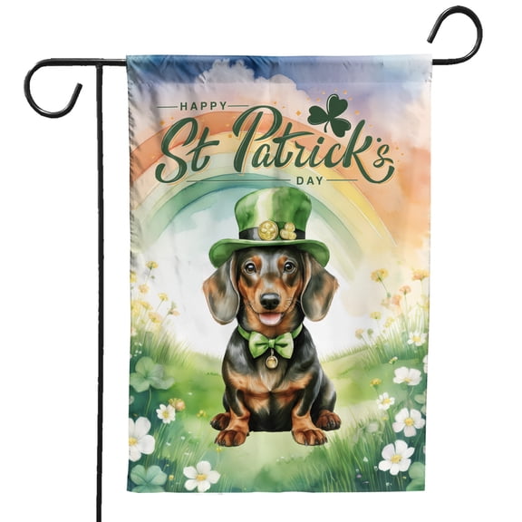 Happy St. Patrick’s Day Dachshund with Green Hat Shamrocks Rainbow Garden Flag 12x18in Double Sided Wiener Dog Lover Gifts Idea Outdoor Decor - 03007