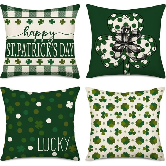 Happy St. Patrick''s Day Decorations Pillow Covers 20x20 Inch Set of 4 Green Clover Lucky Shamrock Home Decor Pillow Cover Spring Buffalo Plaid Pillows Cushion Case for Sofa Couch