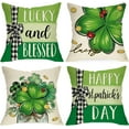 thumbnail image 1 of Happy St. Patrick''s Day Decorative Throw Pillow Covers 18x18 Set of 4, Lucky Blessed Shamrock Clover Mason Jar Cushion Case Decor, Buffalo Plaid Farmhouse Irish Holiday Home Decoration for Sofa, 1 of 5