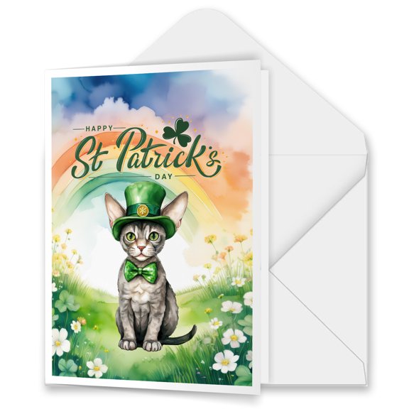 Happy St. Patrick’s Day Devon Rex with Green Hat Shamrocks Rainbow 5x7in Folded Greeting Card Cat Lover Kitten Owner Gifts Single Note Card with Envelope - 03007