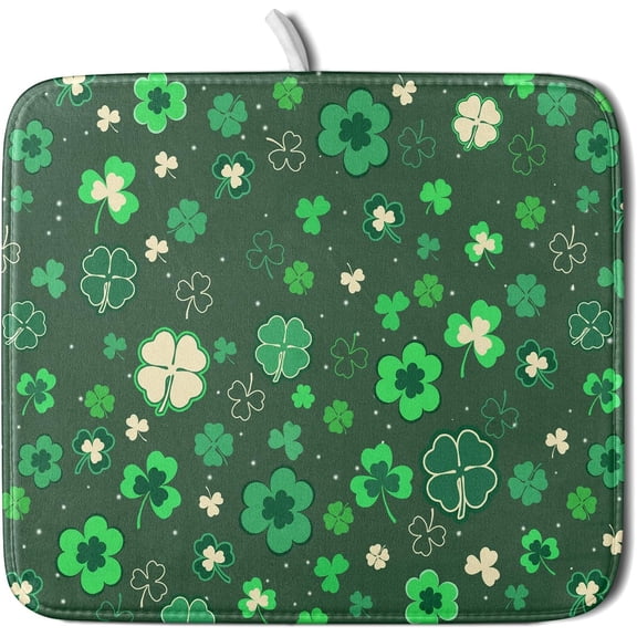 Happy St. Patrick''s Day Dish Drying Mat for Kitchen Green Lucky Shamrock Clover Dish Drying Mat for Dishes Spring Irish Drying Mats 18x16 Inch Absorbent Reversible Dish Pad for Countertop Coffee Bar