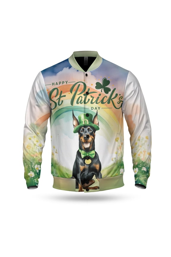 Happy St. Patrick’s Day Doberman Pinscher with Green Hat Shamrocks Rainbow All Over Print 3D Baseball Jacket Doberman Dog Lover Gifts Bomber Jacket Softball - 03007