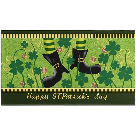 Happy St. Patrick''s Day Door Mats Happy Elf Gold Coin and Green Lucky Shamrocks Printed Indoor Outdoor Entrance Rugs Home Welcome Doormat Holiday Decoration Floor Mat 17 x 30 Inch