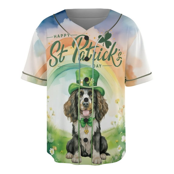 Happy St. Patrick’s Day English Springer Spaniel with Green Hat Shamrocks Rainbow All Over Print 3D Baseball Shirt Springers Dog Lover Gifts Softball Sport - 03007