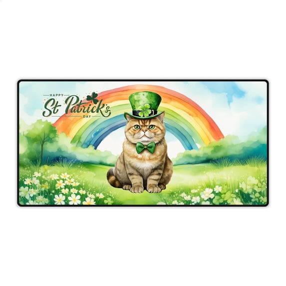 Happy St. Patrick’s Day Exotic Shorthair with Green Hat Shamrocks Rainbow Desk Mat Full Keyboard Mouse Pad Cat Lover Kitten Owner Gifts Large Mousepad - 03007
