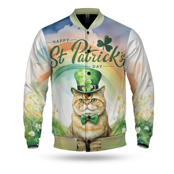 Happy St. Patrick’s Day Exotic Shorthair with Green Hat Shamrocks Rainbow All Over Print 3D Baseball Jacket Cat Lover Kitten Owner Gifts Bomber Jacket Softball - 03007