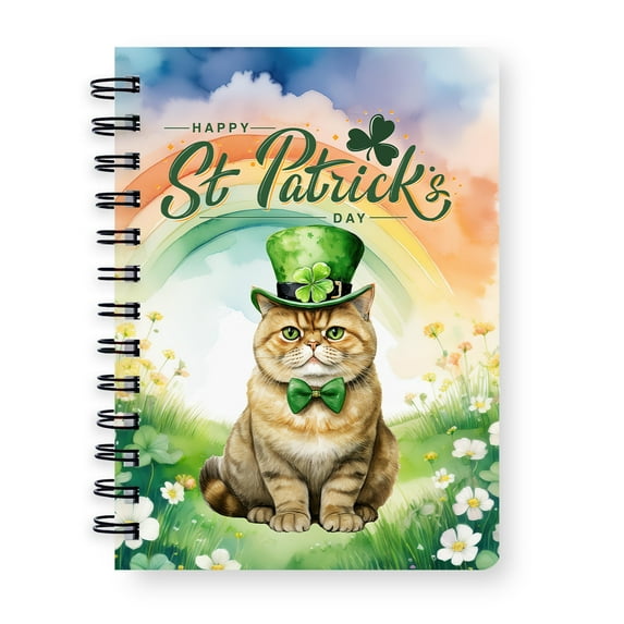 Happy St. Patrick’s Day Exotic Shorthair with Green Hat Shamrocks Rainbow Spiral Bound Journal Cat Lover Kitten Owner Gifts 5x7in Spiral Notebook - 03007