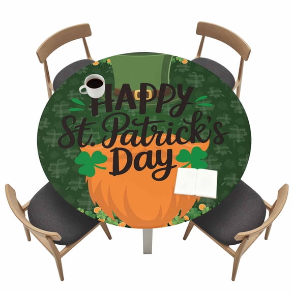 Happy St Patrick's Day Fitted Tablecloth with Elastic Edged, Round Table Cloth for Dining Table, Shamrocks Funny Beard Green Hat Waterproof Oil Proof Table Cover for Indoor Outdoor 36"-44"