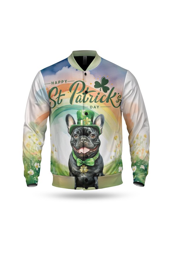 Happy St. Patrick’s Day French Bulldog with Green Hat Shamrocks Rainbow All Over Print 3D Baseball Jacket Dog Lover Gifts Bomber Jacket Softball - 03007