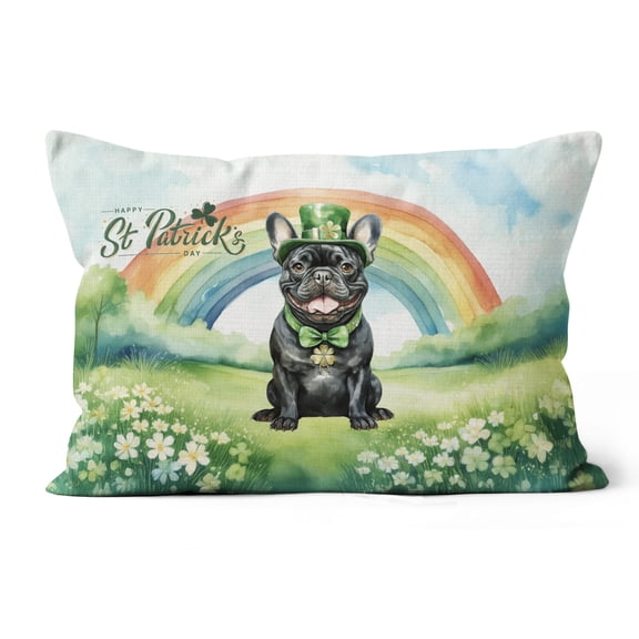 Happy St. Patrick’s Day French Bulldog with Green Hat Shamrocks Rainbow Pillow Cushion Double Sided Dog Lover Gifts Throw Pillow - 03007