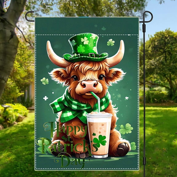 Happy St Patrick's Day Garden Flag Highland Cow Clover Shamrock 12x18 Inch Double Sided Welcome Saint Patricks Spring Holiday Yard Outdoor House Decor