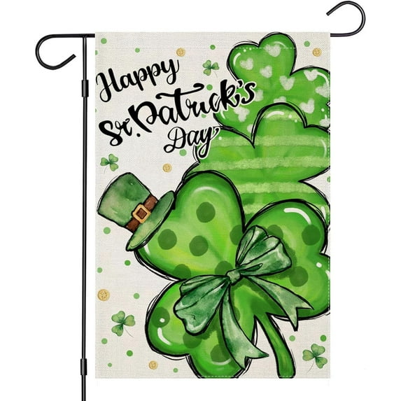 Happy St Patrick''s Day Garden Flags for Outside, Watercolor Lucky Shamrock Clovers Small Seasonal Decoration for Holiday Irish Anniversary Yard Outdoor Decor 12x18 Inch Double Sided