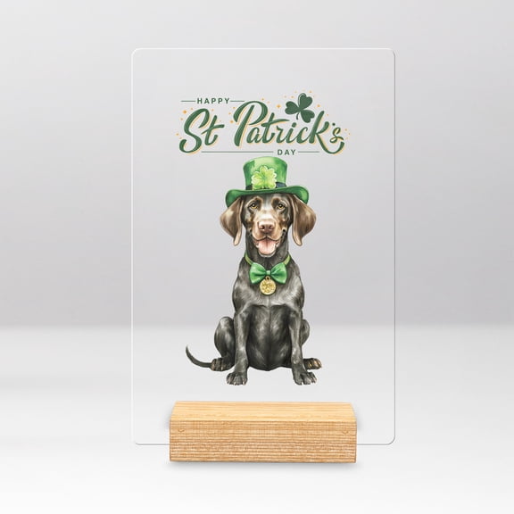 Happy St. Patrick’s Day German Shorthaired Pointer with Green Hat Shamrocks Rainbow Acrylic Plaque Sign Ashwood Base GSP Lover Dog Gift Home Desk Decor - 03007