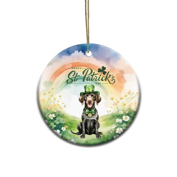 Happy St. Patrick’s Day German Shorthaired Pointer with Green Hat Shamrocks Rainbow Ceramic Round Ornament GSP Lover Dog Gift Home Tree Decor - 03007