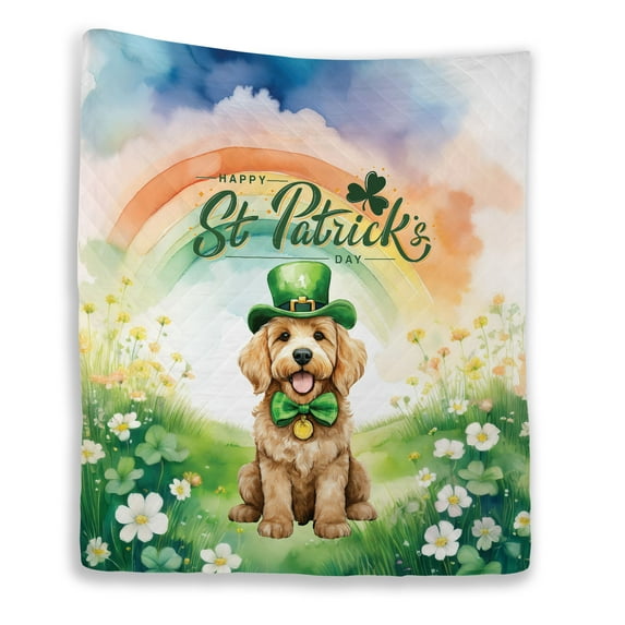 Happy St. Patrick’s Day Goldendoodle with Green Hat Shamrocks Rainbow Quilt Blanket Doodle Dog Lover Gifts Idea Cozy Comforter Throw Blanket - 03007
