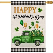 Happy St Patrick''s Day House Flag 28 x 40 Double Sided,Buffalo Plaid Truck with Shamrock Balloons Yard Flags for Outdoor,Holiday Decorative House Flag,Seasonal Decor for Farmhouse