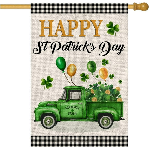 Happy St Patrick''s Day House Flag 28 x 40 Double Sided,Buffalo Plaid Truck with Shamrock Balloons Yard Flags for Outdoor,Holiday Decorative House Flag,Seasonal Decor for Farmhouse