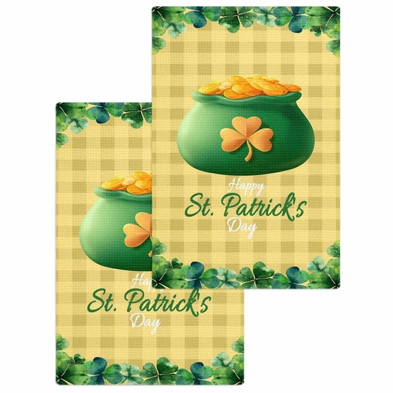 Happy St. Patrick's Day Kitchen Dish Towels for Drying Dishes Set of 2, Spring Coin Clovers Yellow Plaid Waffle Weave Microfiber Hand Tea Bathroom Towels Quick Dry & Absorbent Towel 15.7x23.6