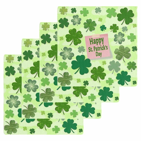 Happy St. Patrick's Day Kitchen Dish Towels for Drying Dishes Set of 4, Spring Lucky Shamrock Cloud Green Waffle Weave Microfiber Hand Tea Bathroom Towels Quick Dry & Absorbent Towel 12x12