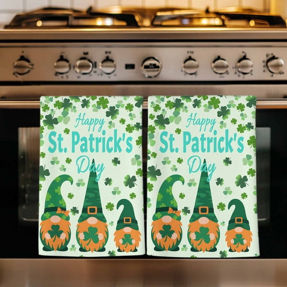 Happy St. Patrick's Day Kitchen Towels Set of 3, Green Gnomes Lucky Leaves Clovers Absorbent Dish Towels for Kitchen, Microfiber Hand Towel, Quick Drying Tea Towel for Cleaning Decorative Dishcloths