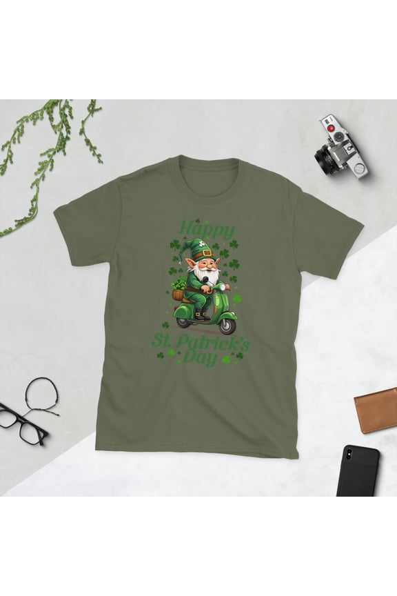 Happy St. Patrick’s Day Leprechaun Riding Scooter T-Shirt – Fun Irish Holiday (M) (Military Green)