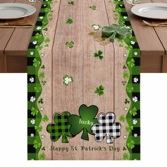 Happy St. Patrick's Day Lucky Shamrock Retro Wood Grain Table Runner 13 x 36 Inch, Washable Cotton Linen Dining Table Runner Tabletop Decorations for Restaurant Home Kitchen Party