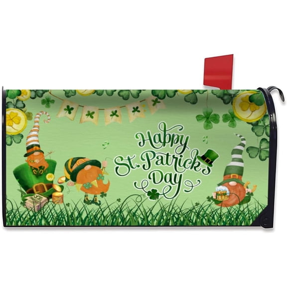 Happy St. Patrick''s Day Mailbox Cover Shamrocks Spring Mailbox Cover Magnetic Elf Hat Clover Golden Coin Letter Post Box Cover Wrap Decoration Welcome Home Garden Outdoor 21" Lx 18" W