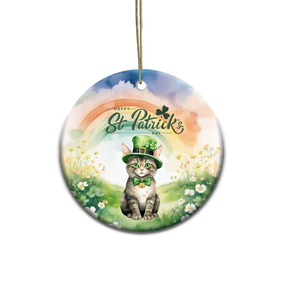 Happy St. Patrick’s Day Manx with Green Hat Shamrocks Rainbow Ceramic Round Ornament Cat Lover Kitten Owner Gifts Home Tree Decor - 03007