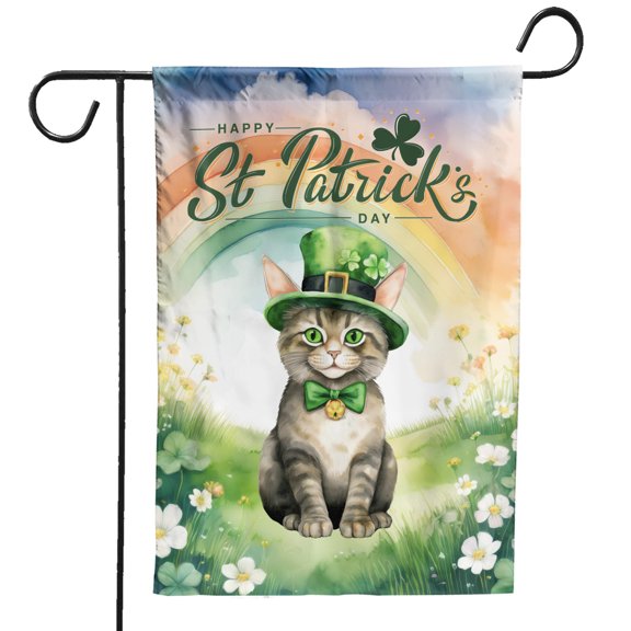 Happy St. Patrick’s Day Manx with Green Hat Shamrocks Rainbow Garden Flag 12x18in Double Sided Cat Lover Kitten Owner Gifts Outdoor Decor - 03007