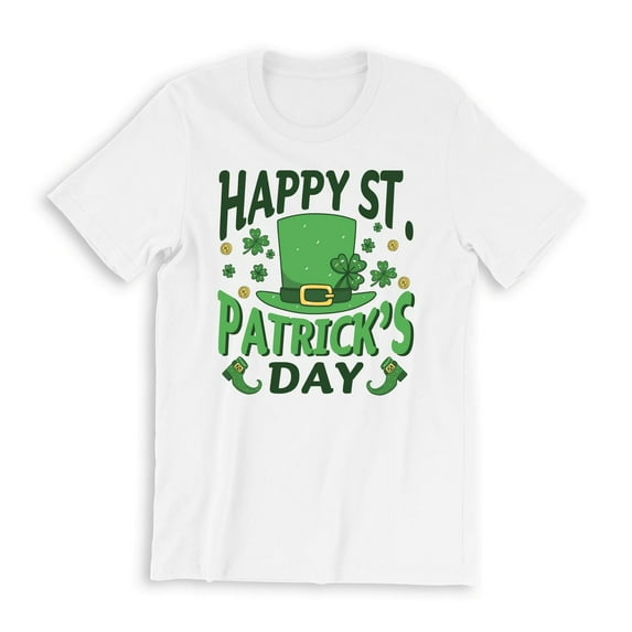 Happy St. Patrick's Day Men's White T-Shirt Green Clover Hat Shoes Gold Coins Design St. Patrick's Day Holiday Shirt