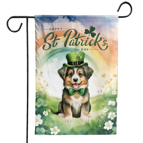 Happy St. Patrick’s Day Miniature American Shepherd with Green Hat Shamrocks Rainbow Garden Flag 12x18in Double Sided MAS Dog Lover Gifts Outdoor Decor - 03007