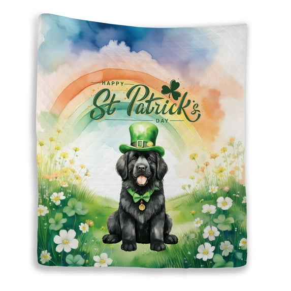 Happy St. Patrick’s Day Newfoundland with Green Hat Shamrocks Rainbow Quilt Blanket Newfie Dog Lover Gifts Cozy Comforter Throw Blanket - 03007