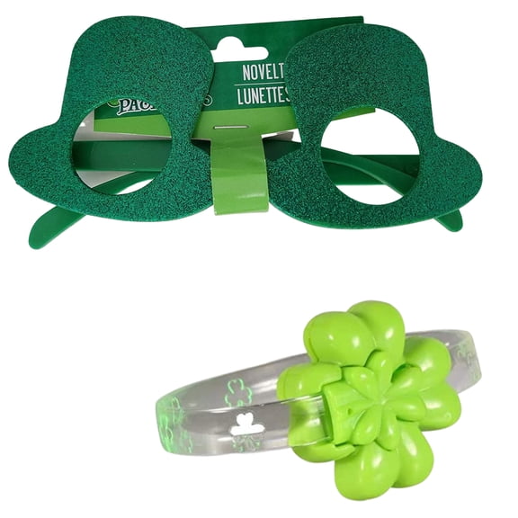 Happy St. Patrick's Day Novelty Glass Glittery Bowtie Shaped Green Glasses & Light up Clover Shamrock Bracelet St Patricks Leprechaun Costume Accessories for Women Men Party Decoration 2 Count