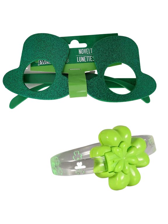 Happy St. Patrick's Day Novelty Glass Glittery Bowtie Shaped Green Glasses & Light up Clover Shamrock Bracelet St Patricks Leprechaun Costume Accessories for Women Men Party Decoration 2 Count