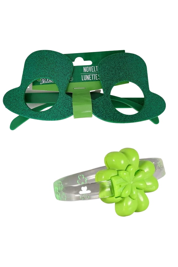 Happy St. Patrick's Day Novelty Glass Glittery Bowtie Shaped Green Glasses & Light up Clover Shamrock Bracelet St Patricks Leprechaun Costume Accessories for Women Men Party Decoration 2 Count