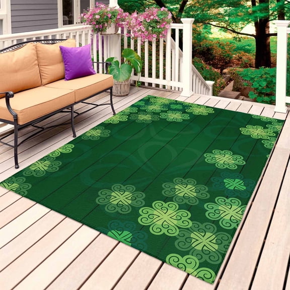 Happy St. Patrick's Day Outdoor Rug 3x5 Ft, Non Slip Washable Area Rug, Green Lucky Four-leaf Grass Patio Rugs Carpet Runner, Large Floor Mat for Indoor/Outdoor Deck Porch Camping