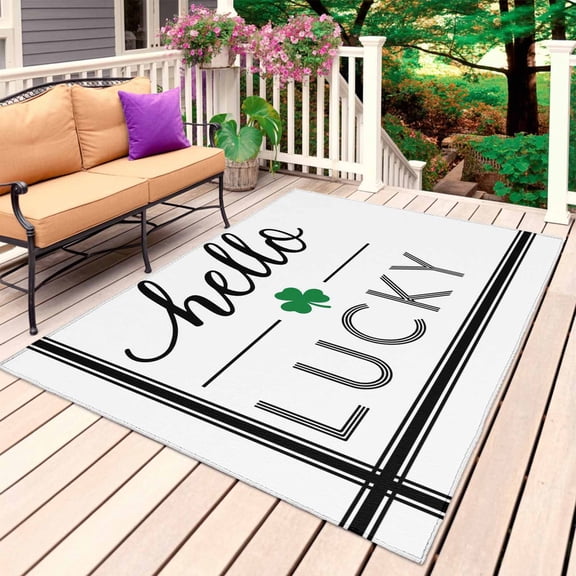 Happy St. Patrick's Day Outdoor Rug 3x5 Ft, Non Slip Washable Area Rug, Hello Lucky Shamrock Grass Patio Rugs Carpet Runner, Large Floor Mat for Indoor/Outdoor Deck Porch Camping