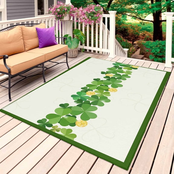 Happy St. Patrick's Day Outdoor Rug 3x5 Ft, Non Slip Washable Area Rug, Lucky Green Shamrock Grasses Patio Rugs Carpet Runner, Large Floor Mat for Indoor/Outdoor Deck Porch Camping