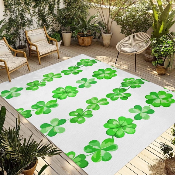 Happy St. Patrick's Day Outdoor Rug 3x5 Ft - Reversible Patio Rug Outdoor Camping Rugs, Spring Lucky Green Three Leaf Grass Indoor Outdoor Area Rugs, Non-Slip Outdoor Carpet Runner for Deck/Porch