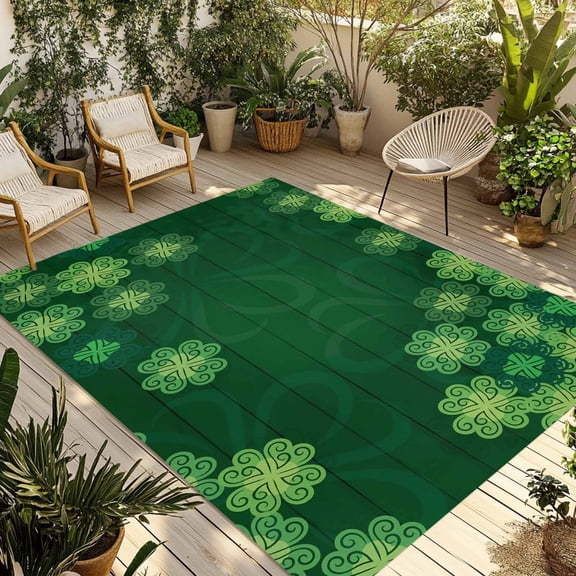 Happy St. Patrick's Day Outdoor Rug for Patio/Deck/Porch, Non-Slip Large Area Rug 3 x 5 Ft, Green Lucky Four-leaf Grass Indoor Outdoor Rugs Washable Area Rugs, Reversible Camping Rug Carpet Runner