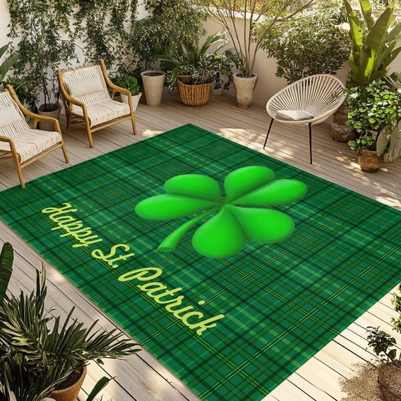 Happy St. Patrick's Day Outdoor Rug for Patio/Deck/Porch, Non-Slip Large Area Rug 3 x 5 Ft, Green Lucky Shamrock Grass Plaid Indoor Outdoor Rugs Washable Area Rugs, Camping Rug Carpet Runner