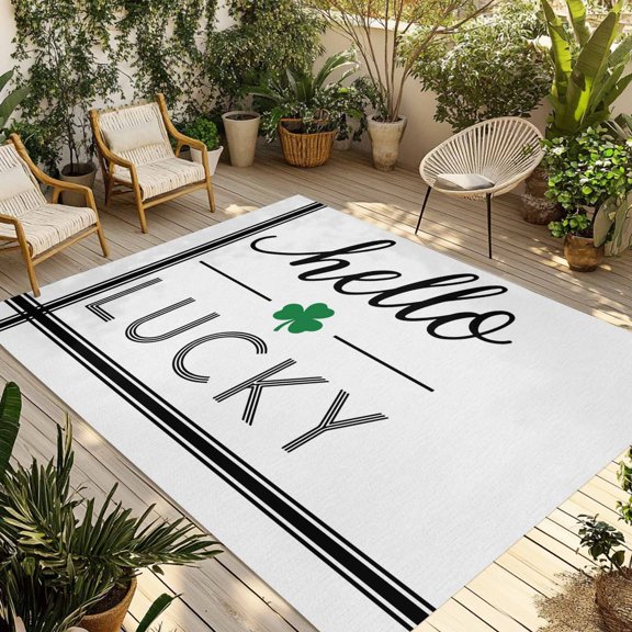 Happy St. Patrick's Day Outdoor Rug for Patio/Deck/Porch, Non-Slip Large Area Rug 3 x 5 Ft, Hello Lucky Shamrock Grass Indoor Outdoor Rugs Washable Area Rugs, Reversible Camping Rug Carpet Runner