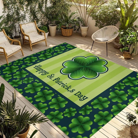 Happy St. Patrick's Day Outdoor Rug for Patio/Deck/Porch, Non-Slip Large Area Rug 3 x 5 Ft, Spring Lucky Grass Watercolor Indoor Outdoor Rugs Washable Area Rugs, Reversible Camping Rug Carpet Runner