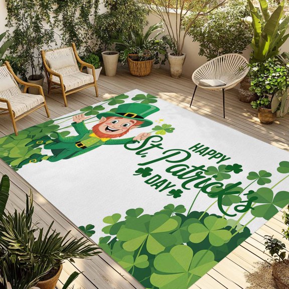 Happy St. Patrick's Day Outdoor Rug for Patio/Deck/Porch, Non-Slip Large Area Rug 4 x 6 Ft, Cartoon Green Elf Lucky Shamrock Indoor Outdoor Rugs Washable Area Rugs, Camping Rug Carpet Runner